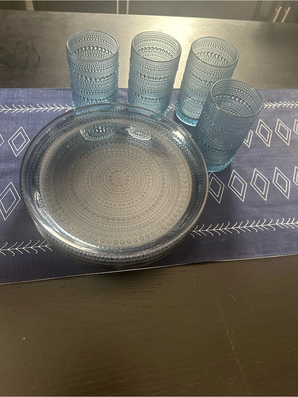 Blue Jupiter Glass Dinner Plate and Highball Glasses Set - 4 Plates + 4 Glasses